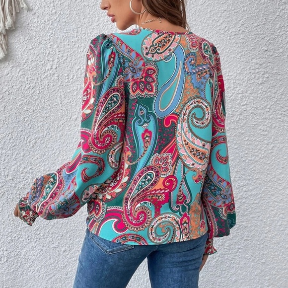 065 Boho Paisley Print Surplice Blouse - Picture 5 of 7